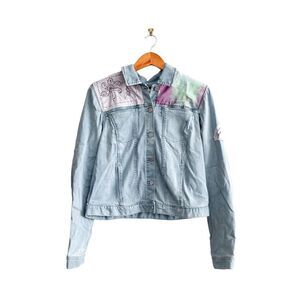 Calvin Klein Jeans Womens Denim Jacket Cropped Pastel Applique Light Wash Large